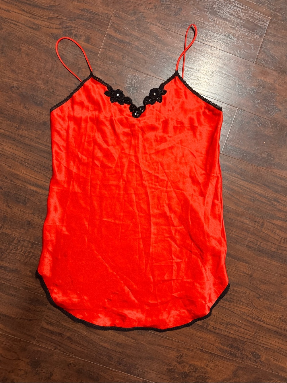 Vintage Sears Inner Most Red Satin Lace-Trim Slip Chemise with Floral Appliqué